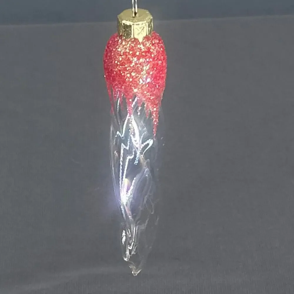4 VTG Blown Glass Icicle Christmas Ornaments Clear Iridescent Pink Glitter Glam